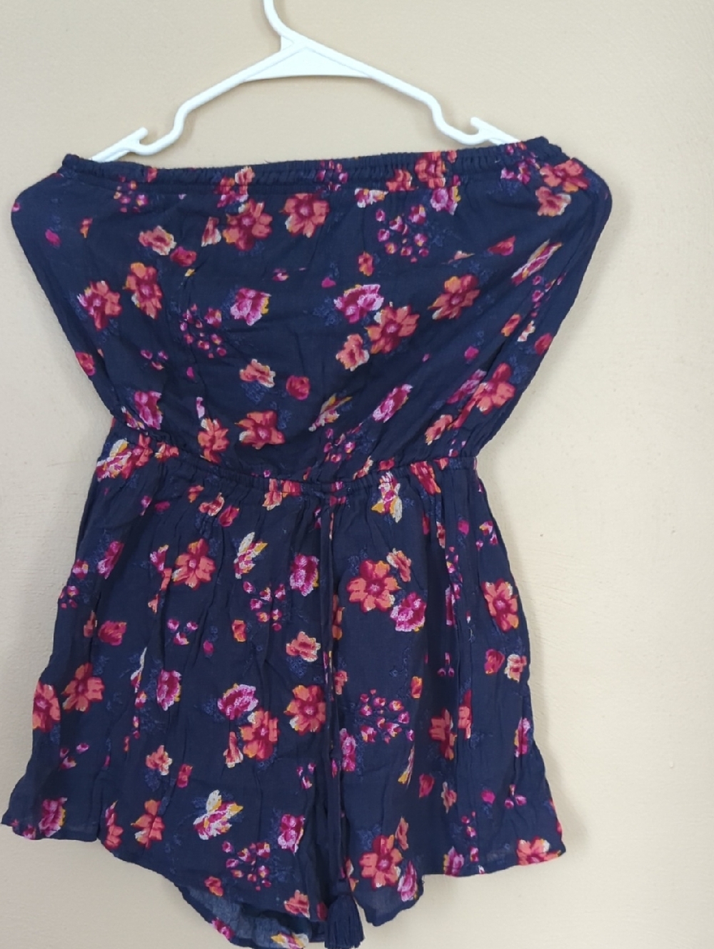 Navy Floral Strapless Romper with Pink & Coral Flowers